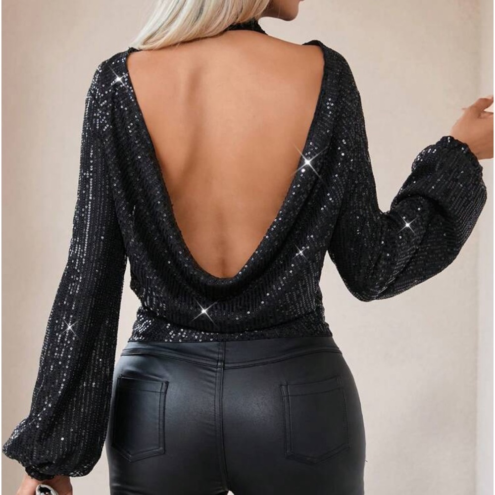 Luxe Sequin Drape Cowl Neck Open Back Backless Party Top Blouse Shirt Blackj